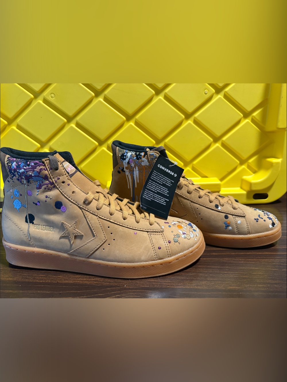 Converse Tan Leather High-Top Sneakers with Multicolor Paint Splatter